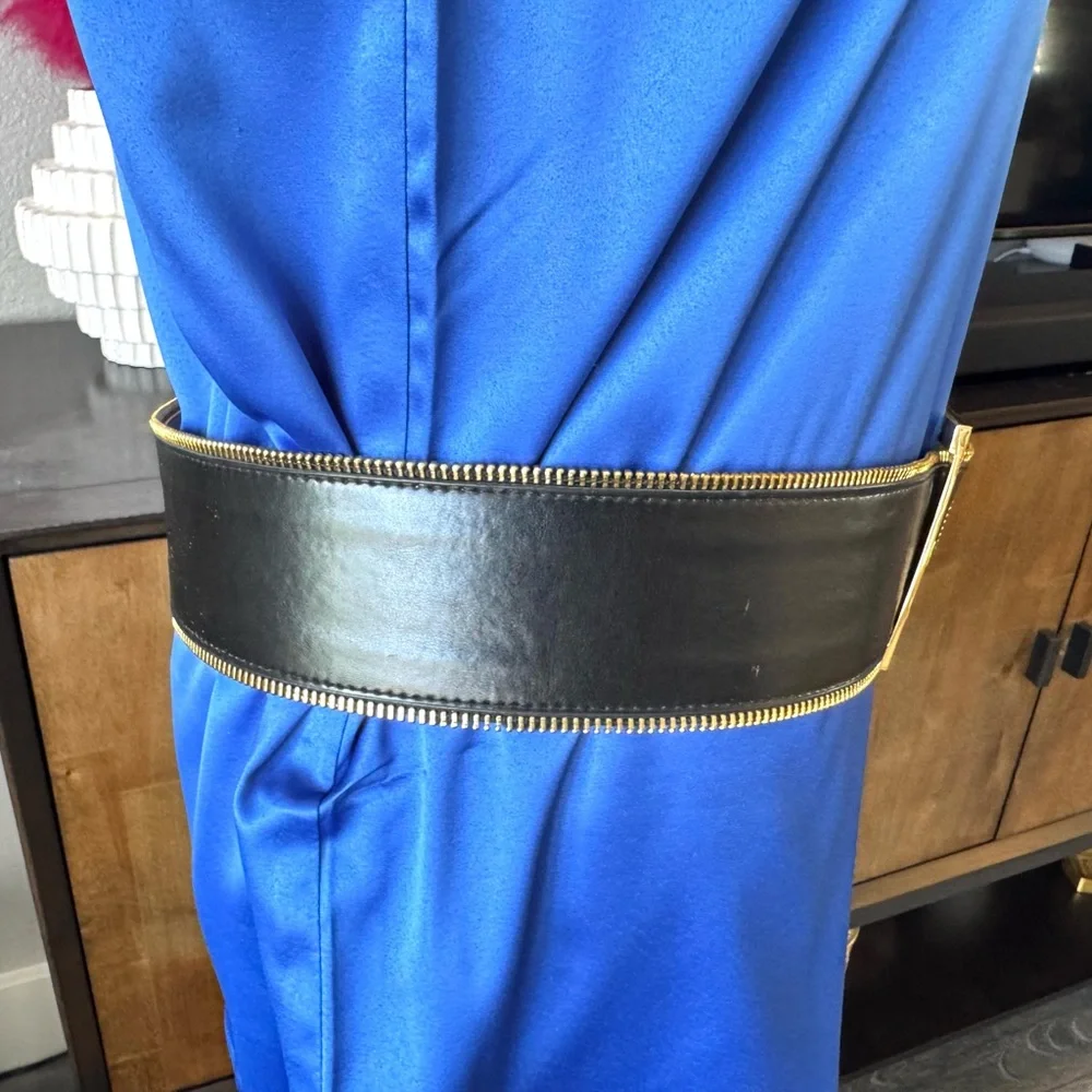 Black Wide Zipper Belt with Gold Accents